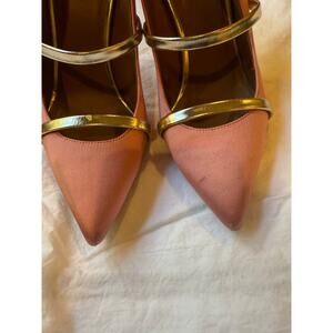 Malone Souliers by Roy Luwolt Pink Satin Gold Strap Pointed Toe Heels 37.5 EU